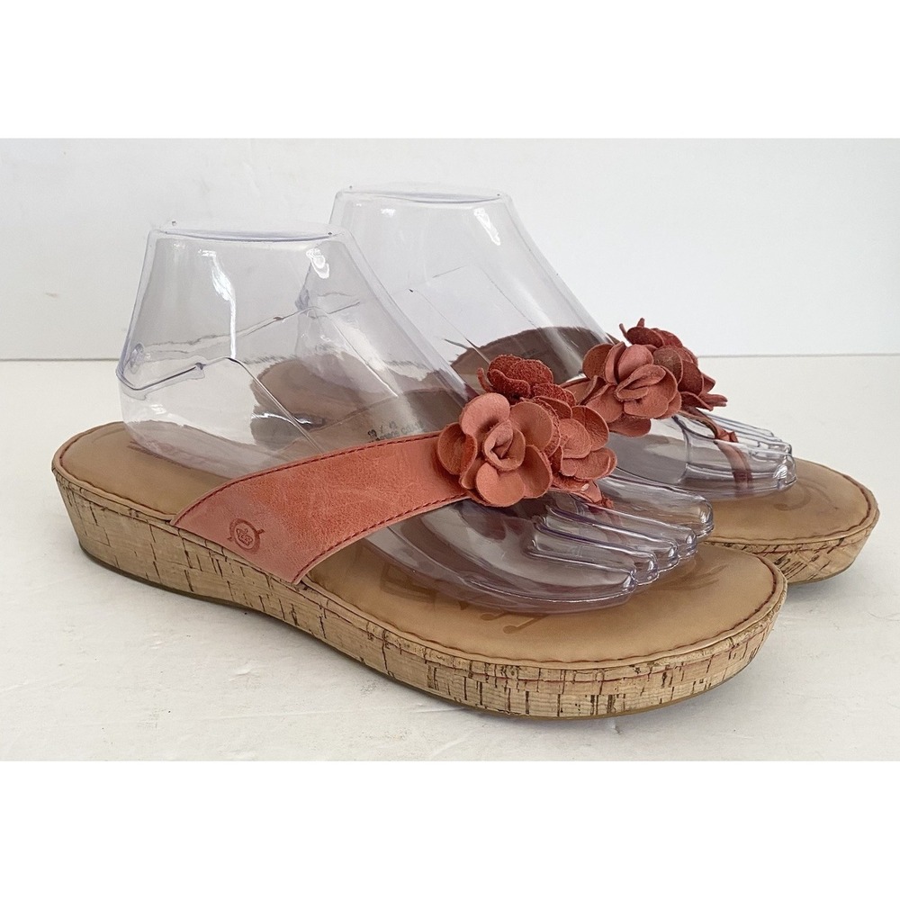 BORN Women 10 Kornelia Coral Leather Flower Sandal Flip Flop Thongs Sandals Cork